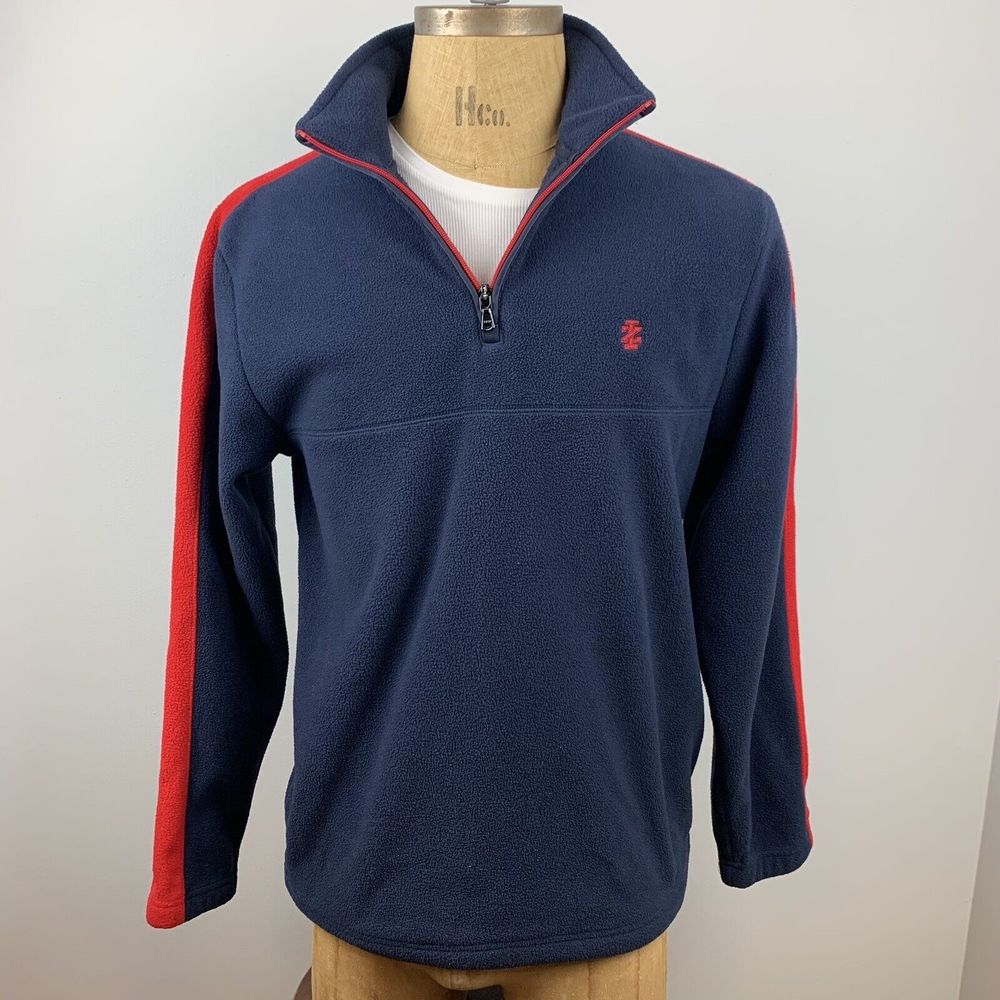 Izod Mens Sweater Small Blue Red Fleece 1/4 Zip Long Sleeve Logo Pullover